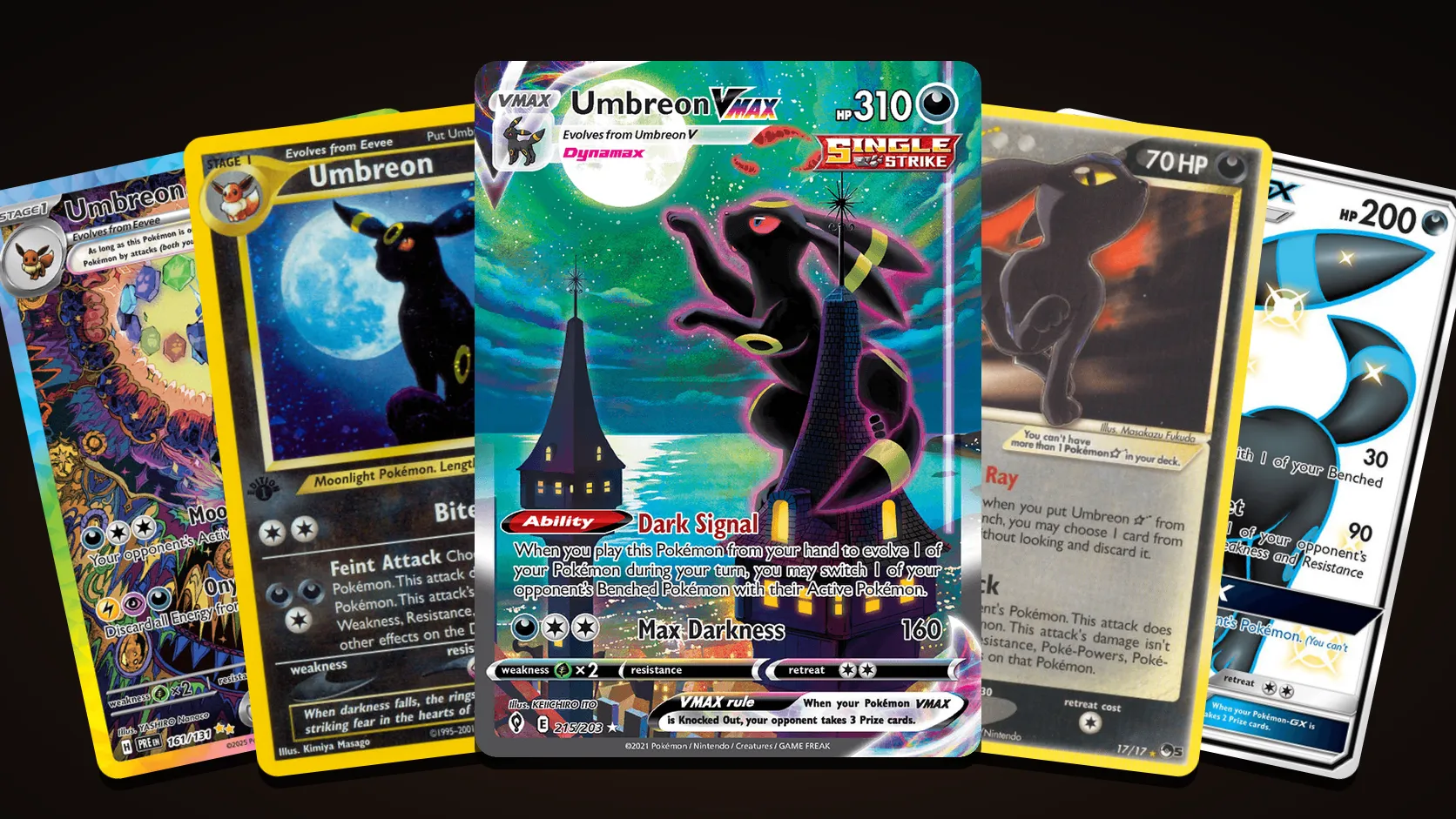 Five Umbreon Pokémon cards fanned out: the Moonbreon Umbreon VMAX alternate art in the centre, with the Prismatic Evolutions Umbreon ex, the 1st Edition Neo Discovery Umbreon, the Gold Star Umbreon and the shiny Umbreon GX